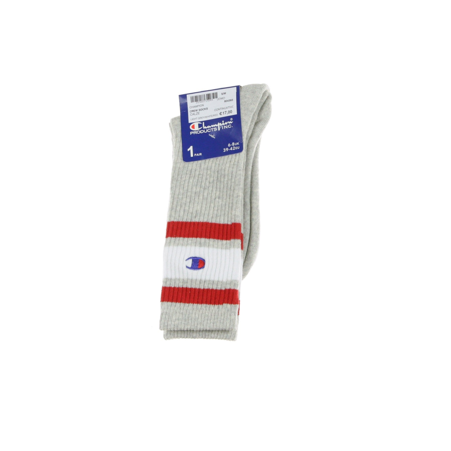 Champion, Calza Media Uomo Crew Socks, Light Grey/white/red