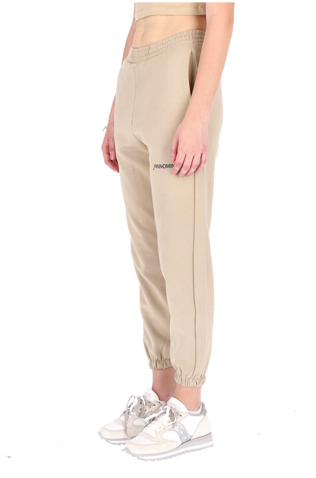Fila pantaloni beige donna in cotone con elastico alle caviglie stampa logo  sul lato